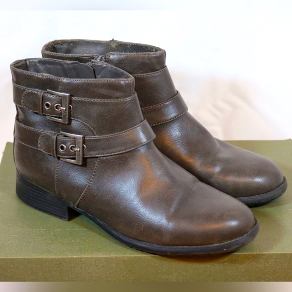 Life Stride Brown Ankle Boots with Silver Buckles, Size:9M